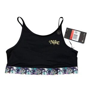 Nike Black Sports Bra Floral Trim Elastic Band Light Support Girls Large NWT